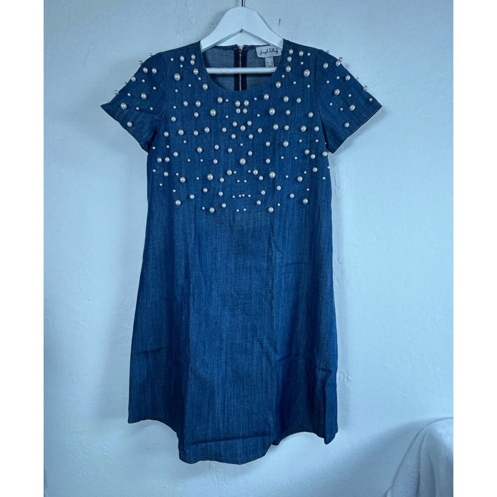 Joseph Ribkoff Pearl Embellished Denim Shift Dress Size 4 Short Sleeve Mini Blue